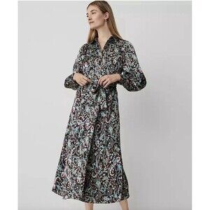 Ann Taylor Petite Floral Belted Shirt dress Black easter dress 4P Career Party